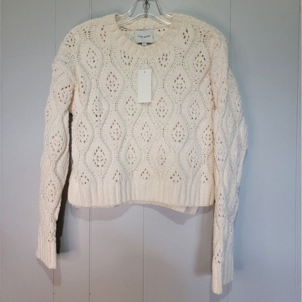 Pink Rose Women's Ivory‎ Open Knit Crew Neck Pullover Sweater Size S